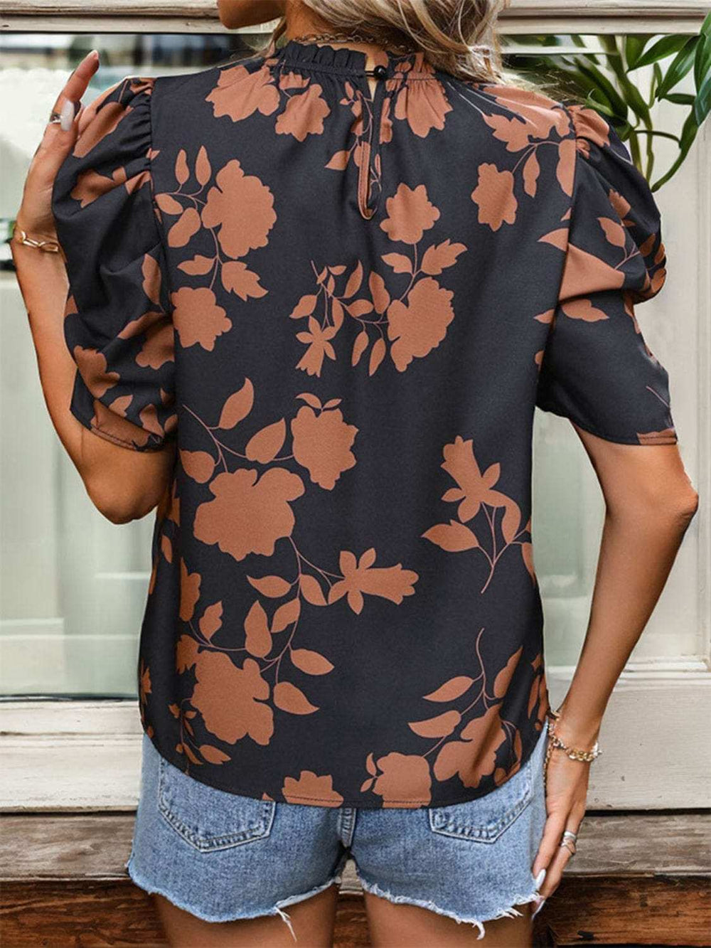 Frill Printed Round Neck Puff Sleeve Blouse - Trendsi - Flyclothing LLC