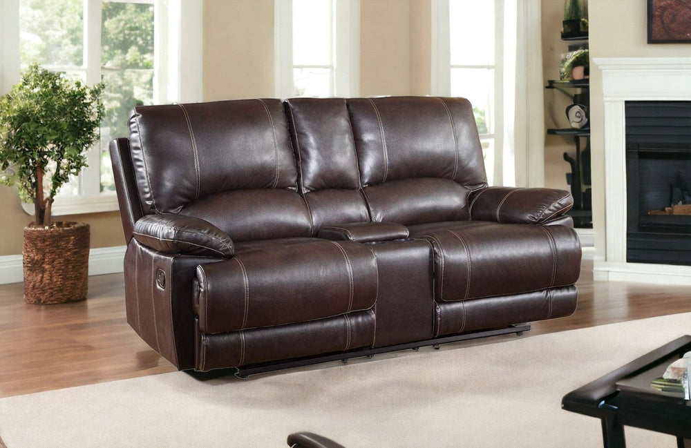 76" Brown Faux Leather Manual Reclining Love Seat With Storage - Homeroots - Flyclothing LLC