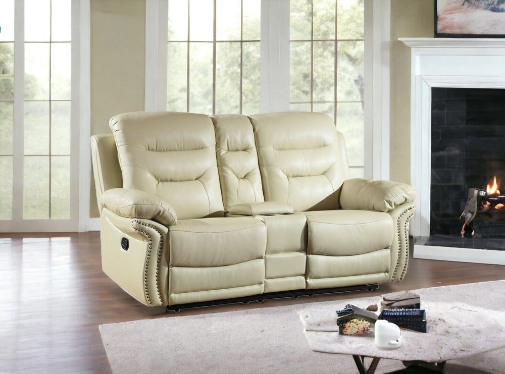 75" Beige Faux Leather Manual Reclining Love Seat With Storage - Homeroots - Flyclothing LLC