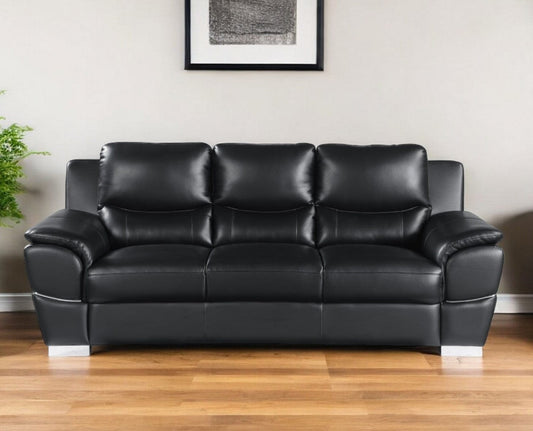 85" Black Leather Sofa With Silver Legs - Homeroots