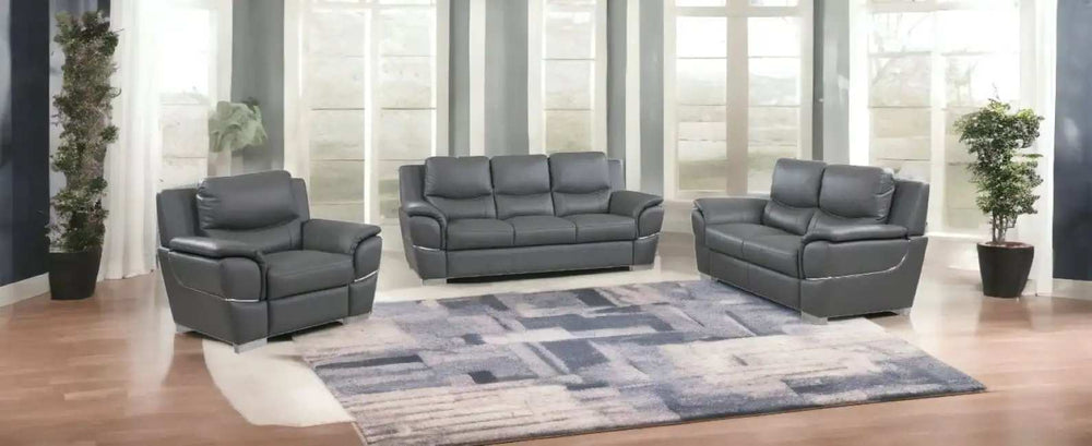 Three Piece Indoor Gray Genuine Leather Six Person Seating Set - Homeroots - Flyclothing LLC