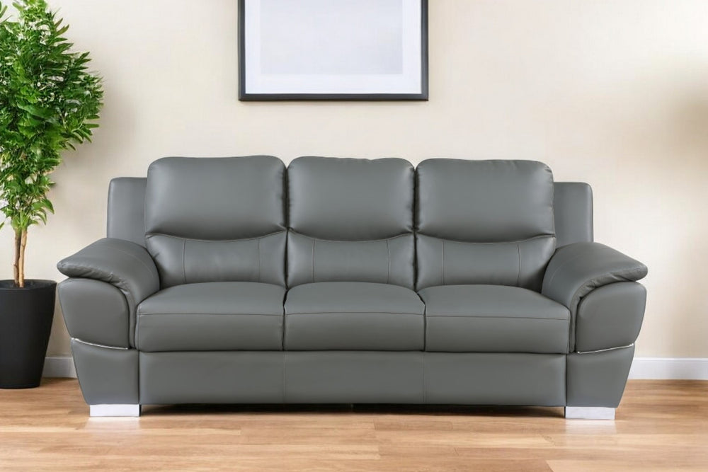 85" Gray Leather Sofa With Silver Legs - Homeroots - Flyclothing LLC