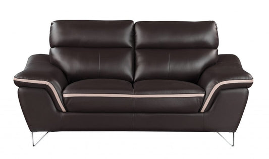 69" Brown And Silver Faux Leather Love Seat - Homeroots