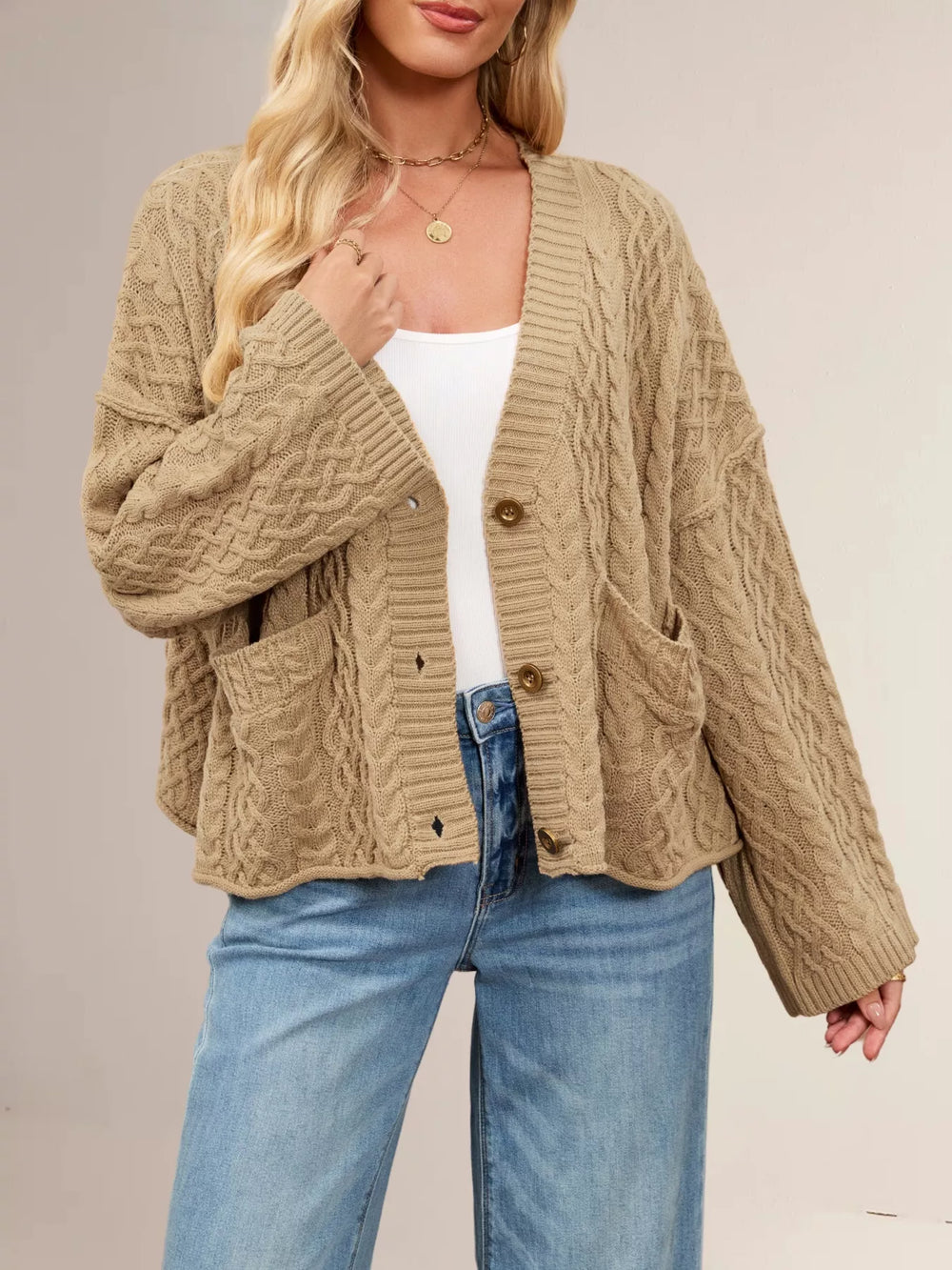 Cable Knit Button-Down Cardigan - Trendsi - Flyclothing LLC