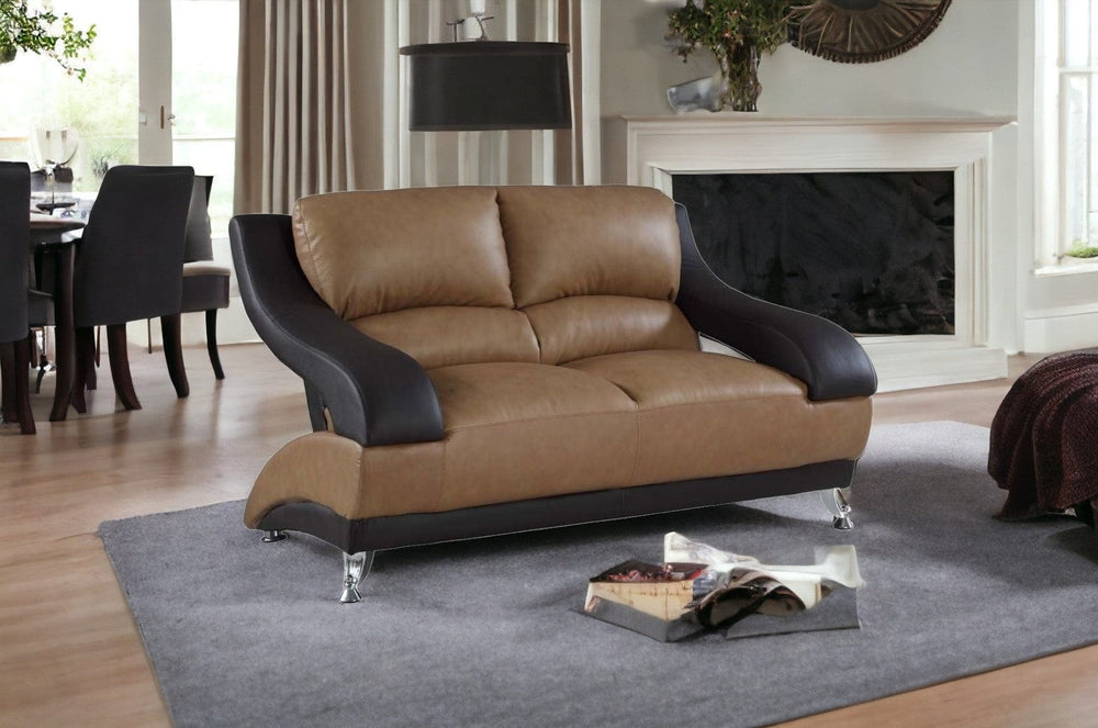 62" Brown and Black And Silver Faux Leather Loveseat - Homeroots - Flyclothing LLC