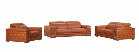 Three Piece Indoor Camel Italian Leather Six Person Seating Set - Homeroots - Flyclothing LLC