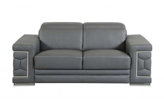 71" Gray And Silver Genuine Leather Love Seat - Homeroots