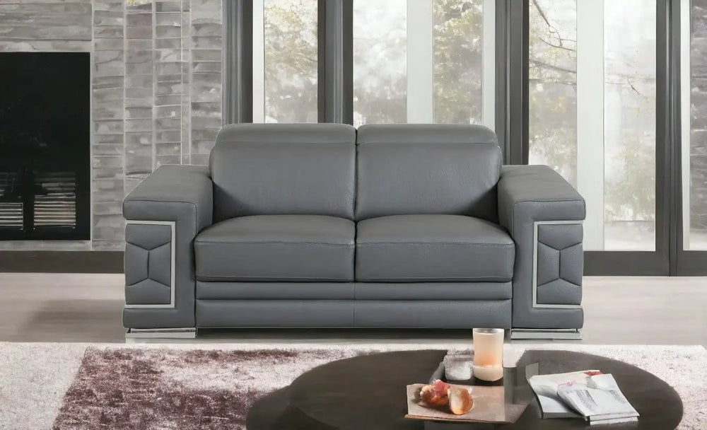 71" Gray And Silver Genuine Leather Love Seat - Homeroots - Flyclothing LLC