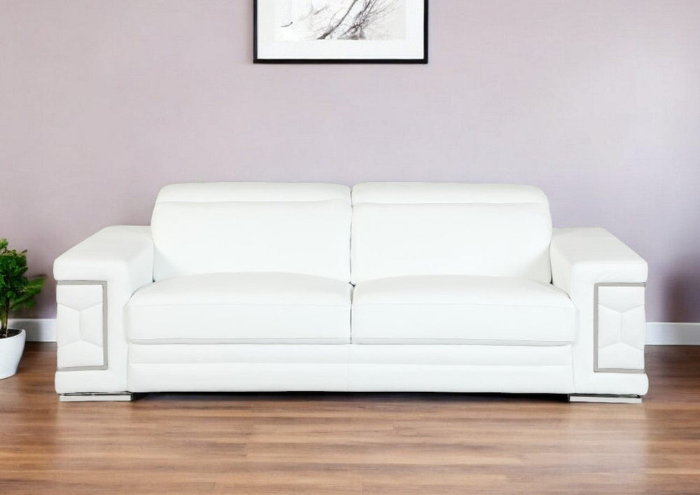89" White Italian Leather Sofa With Silver Legs - Homeroots - Flyclothing LLC