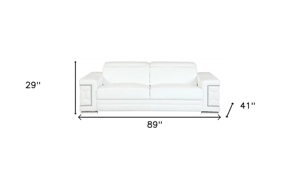 89" White Italian Leather Sofa With Silver Legs - Homeroots - Flyclothing LLC