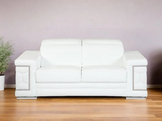 71" White Italian Leather Sofa With Silver Legs - Homeroots