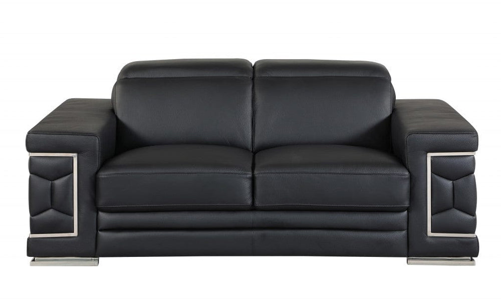 71" Black And Silver Genuine Leather Love Seat - Homeroots - Flyclothing LLC