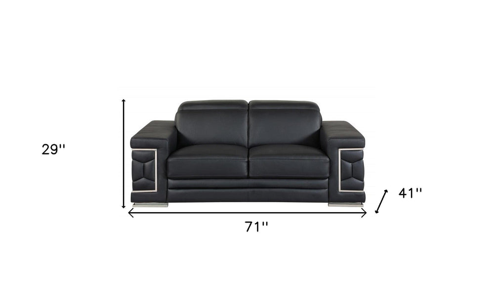 71" Black And Silver Genuine Leather Love Seat - Homeroots - Flyclothing LLC