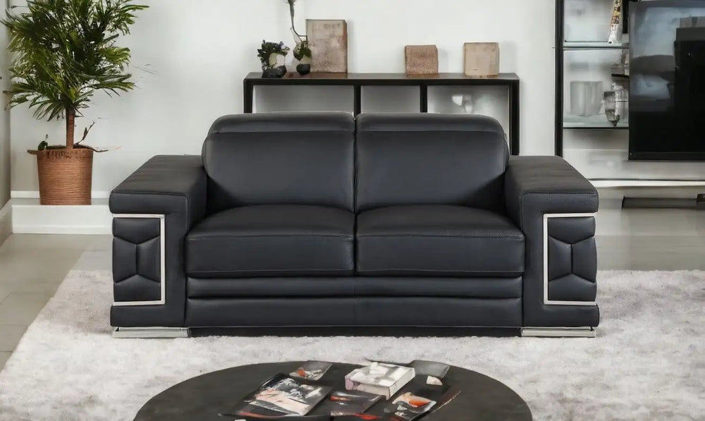 71" Black And Silver Genuine Leather Love Seat - Homeroots - Flyclothing LLC