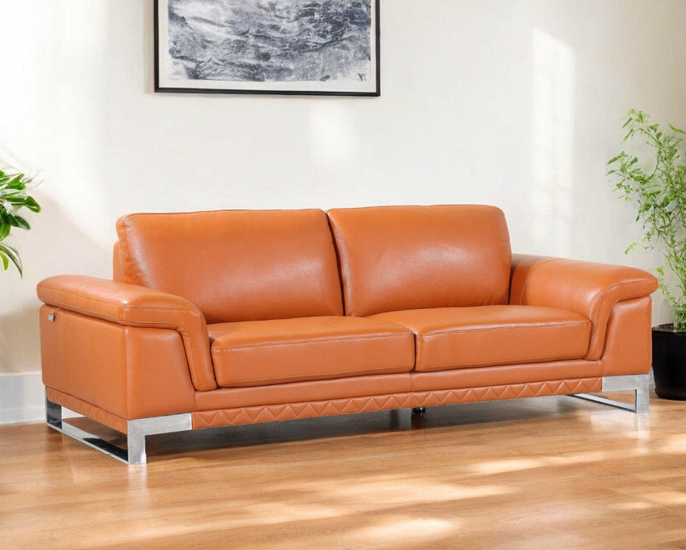 90" Orange Italian Leather Sofa With Silver Legs - Homeroots - Flyclothing LLC