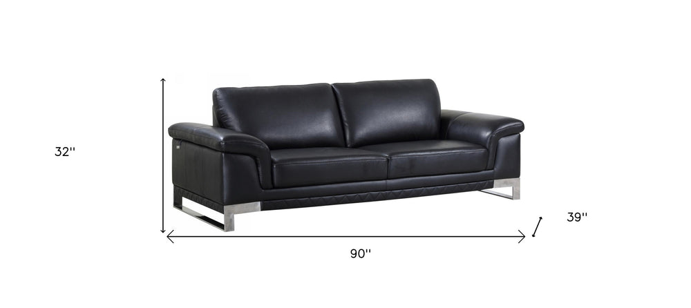 90" Black Italian Leather Sofa With Silver Legs - Homeroots - Flyclothing LLC