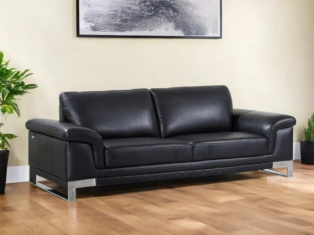 90" Black Italian Leather Sofa With Silver Legs - Homeroots - Flyclothing LLC