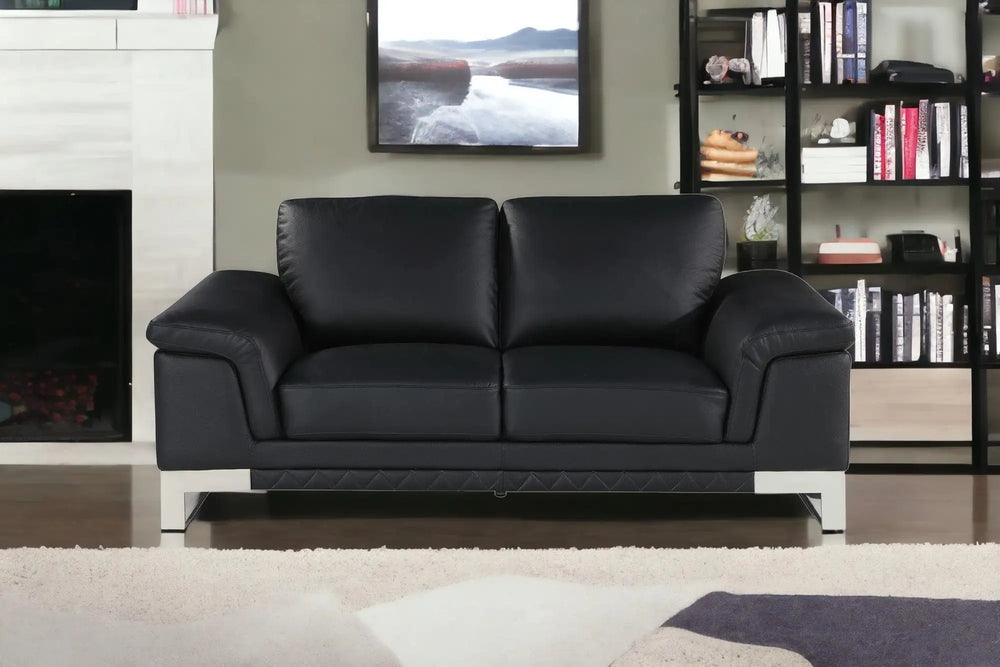 73" Black And Silver Genuine Leather Love Seat - Homeroots - Flyclothing LLC