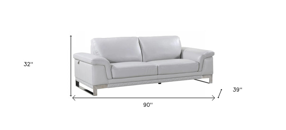 90" Light Gray Italian Leather Sofa With Silver Legs - Homeroots - Flyclothing LLC