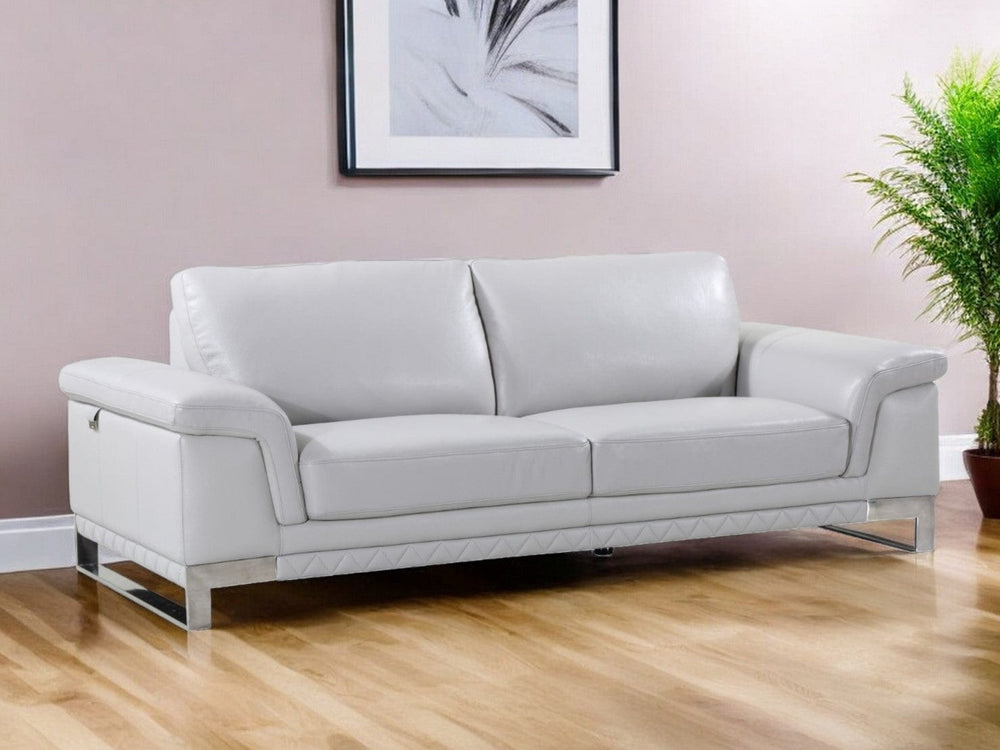 90" Light Gray Italian Leather Sofa With Silver Legs - Homeroots - Flyclothing LLC