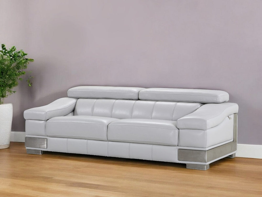 92" Light Gray Italian Leather Sofa With Silver Legs - Homeroots - Flyclothing LLC