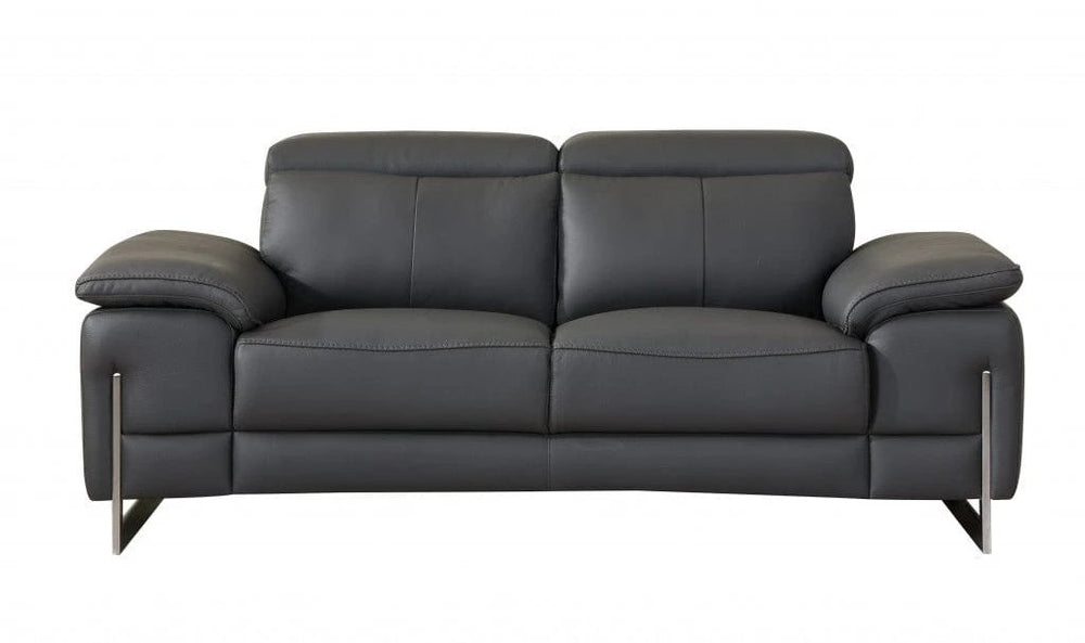 71" Dark Gray And Silver Genuine Leather Loveseat - Homeroots - Flyclothing LLC