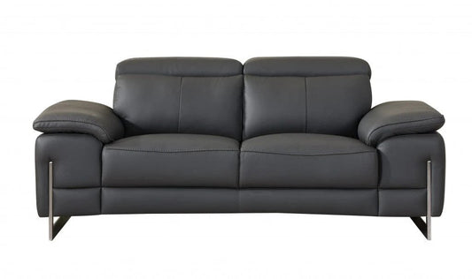 71" Dark Gray And Silver Genuine Leather Loveseat - Homeroots