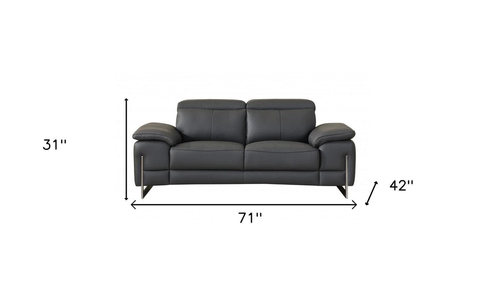 71" Dark Gray And Silver Genuine Leather Loveseat - Homeroots - Flyclothing LLC