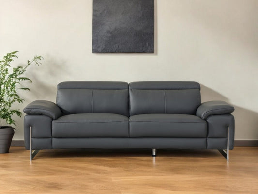 87" Dark Gray Italian Leather Sofa With Silver Legs - Homeroots