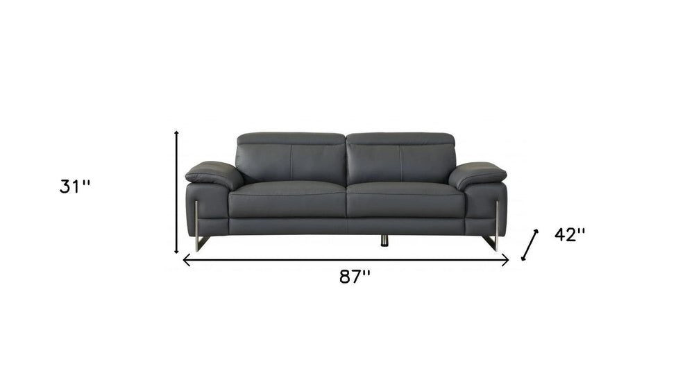 87" Dark Gray Italian Leather Sofa With Silver Legs - Homeroots - Flyclothing LLC