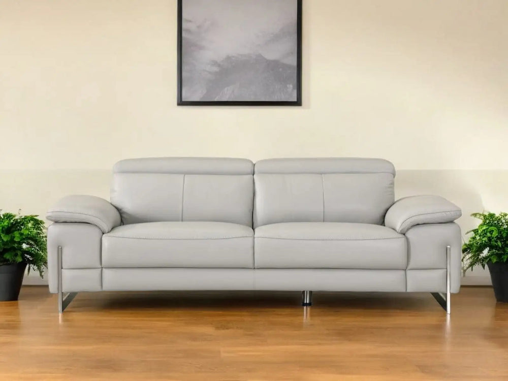 87" Light Gray Italian Leather Sofa With Silver Legs - Homeroots - Flyclothing LLC