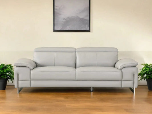 87" Light Gray Italian Leather Sofa With Silver Legs - Homeroots
