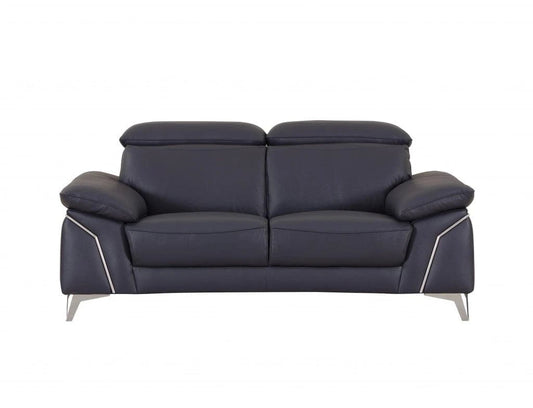 71" Navy Blue And Silver Genuine Leather Loveseat - Homeroots