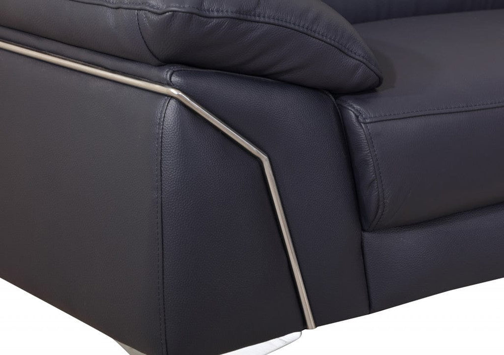 71" Navy Blue And Silver Genuine Leather Loveseat - Homeroots - Flyclothing LLC