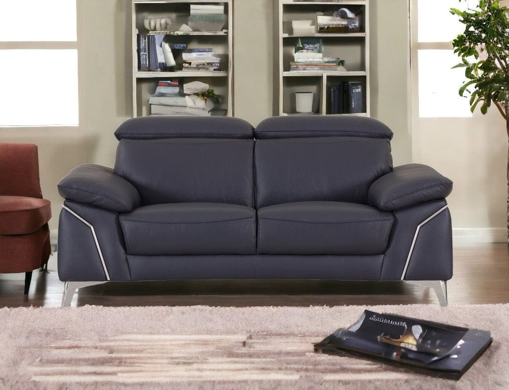 71" Navy Blue And Silver Genuine Leather Loveseat - Homeroots - Flyclothing LLC