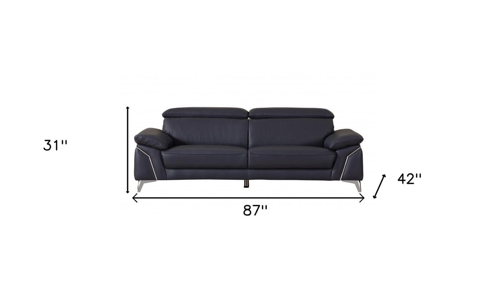 87" Blue Italian Leather Sofa With Silver Legs - Homeroots - Flyclothing LLC
