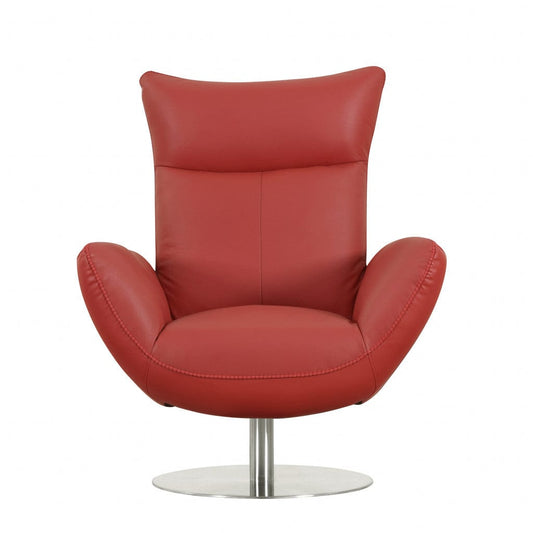 37" Red And Silver Genuine Leather Swivel Lounge Chair - Homeroots