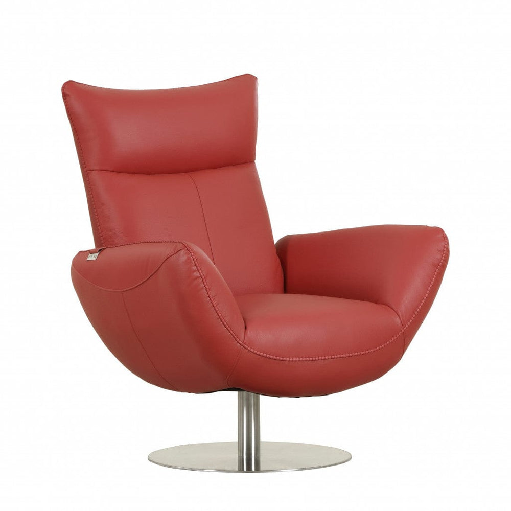 37" Red And Silver Genuine Leather Swivel Lounge Chair - Homeroots