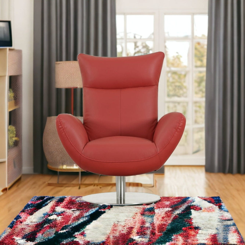 37" Red And Silver Genuine Leather Swivel Lounge Chair - Homeroots