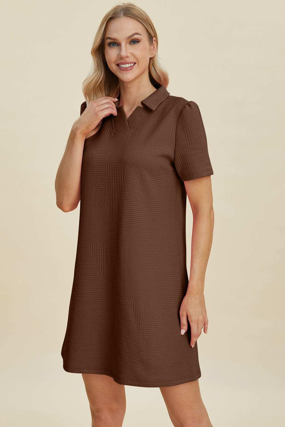 Double Take Full Size Texture Short Sleeve Dress - Trendsi - Flyclothing LLC