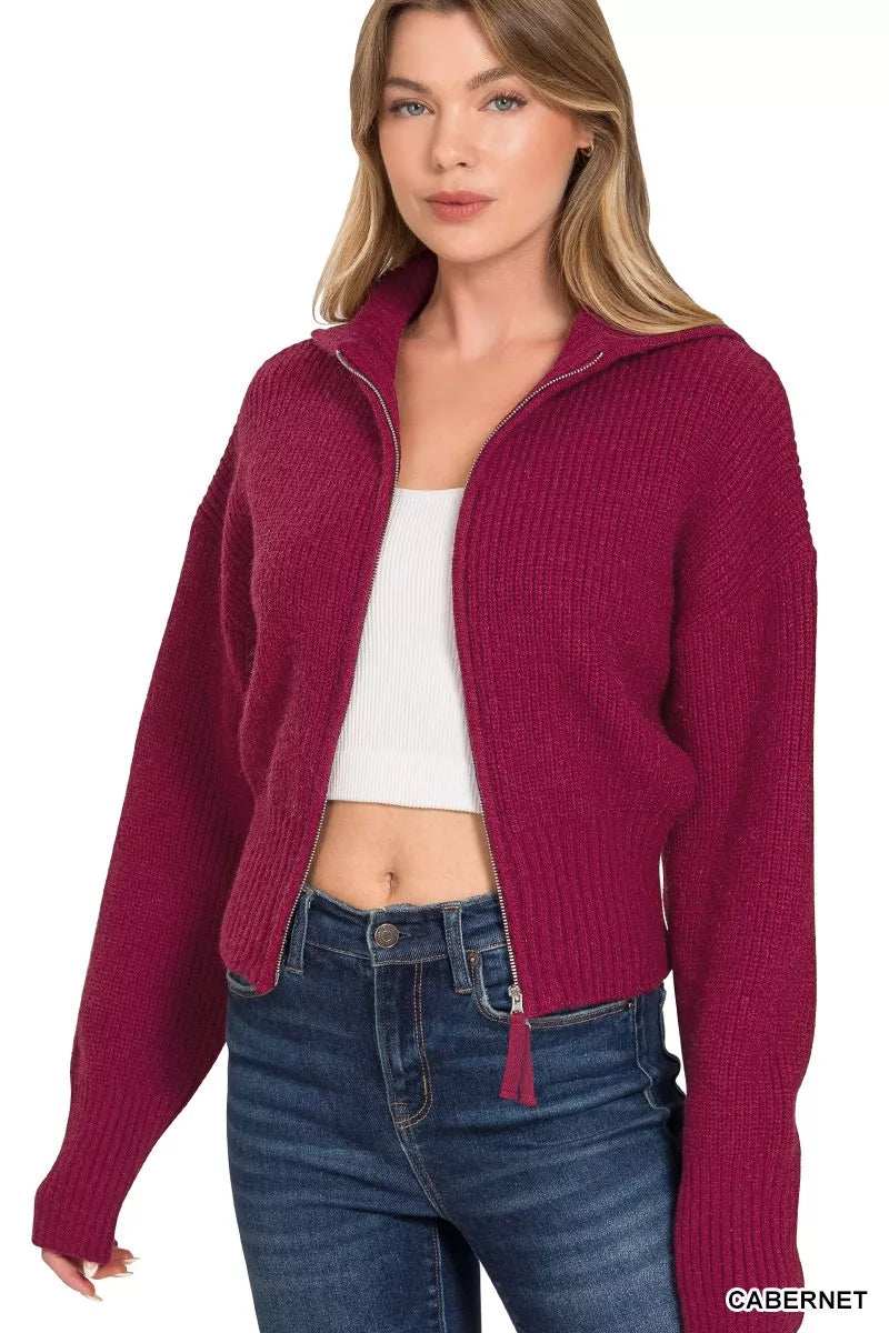 Zenana Ribbed Collared Zip Up Sweater Cardigan - Trendsi - Flyclothing LLC