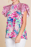 Floral Mixed Print Ruffle Cap Sleeve Blouse - Trendsi - Flyclothing LLC