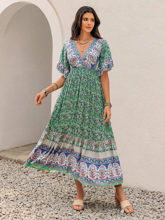 Ruched Printed Flounce Sleeve Midi Dress - Trendsi - Flyclothing LLC