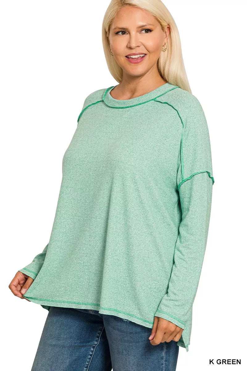 Zenana Full Size Melange Hacci Exposed Seam Hi-low Tee Plus Size - Trendsi - Flyclothing LLC