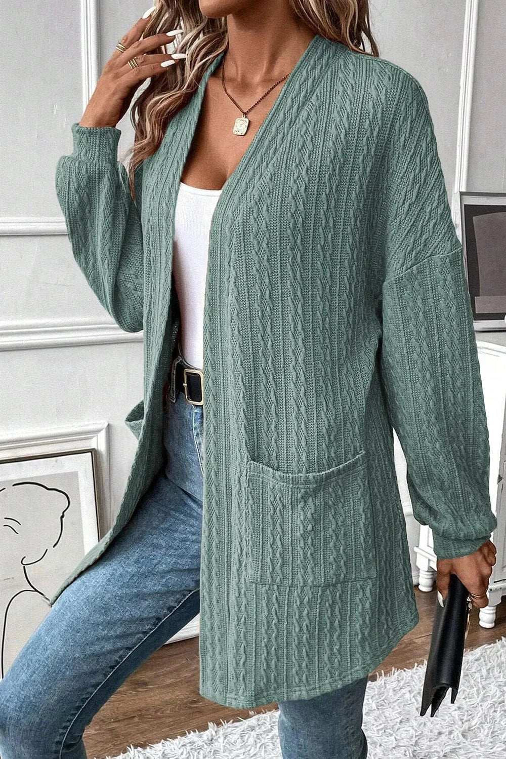 Textured Pocketed Open Front Long Sleeve Cover Up - Trendsi - Flyclothing LLC