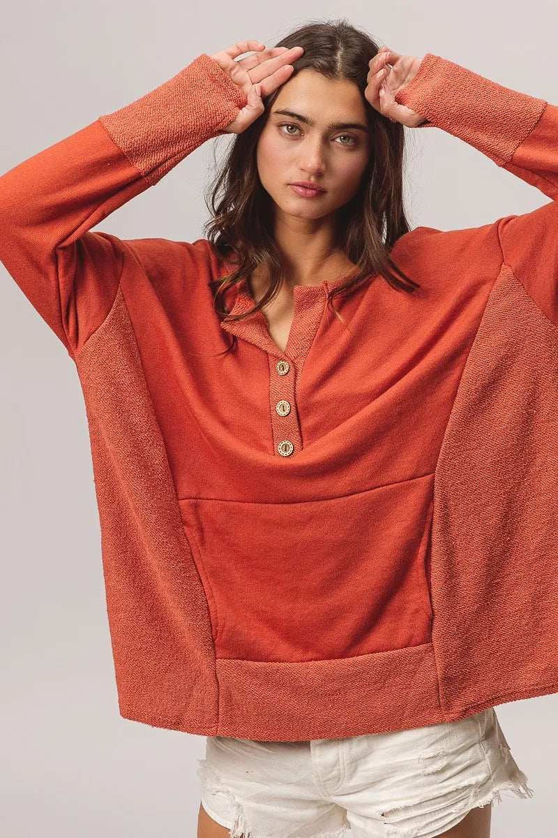 BiBi French Terry Knit Side Block Buttoned Henley Top - Trendsi - Flyclothing LLC