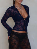 Devine Plunge Long Sleeve Lace Top - Trendsi - Flyclothing LLC