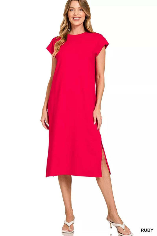 Zenana Round Neck Side Slit Midi Dress - Trendsi - Flyclothing LLC