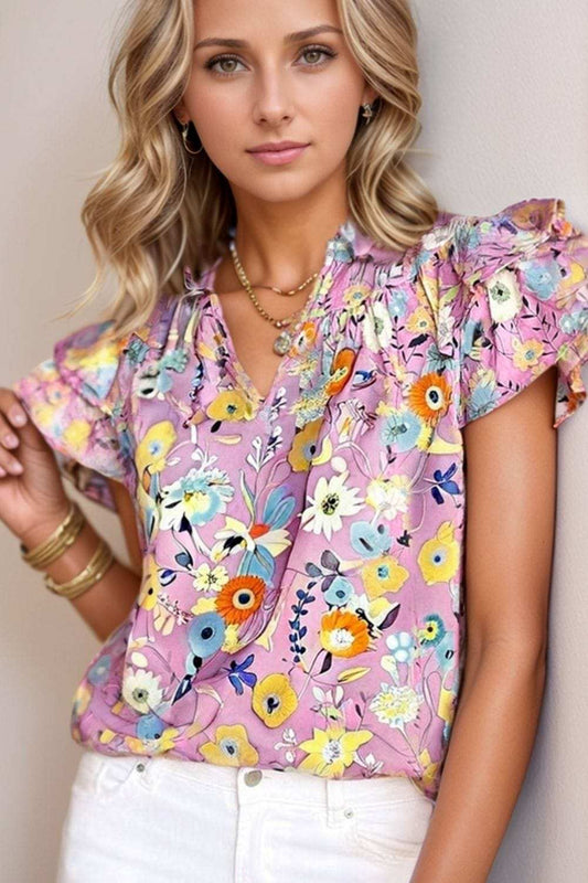 Printed Notched Double Layered Ruffle Sleeve Blouse - Trendsi - Flyclothing LLC