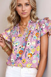 Printed Notched Double Layered Ruffle Sleeve Blouse - Trendsi - Flyclothing LLC